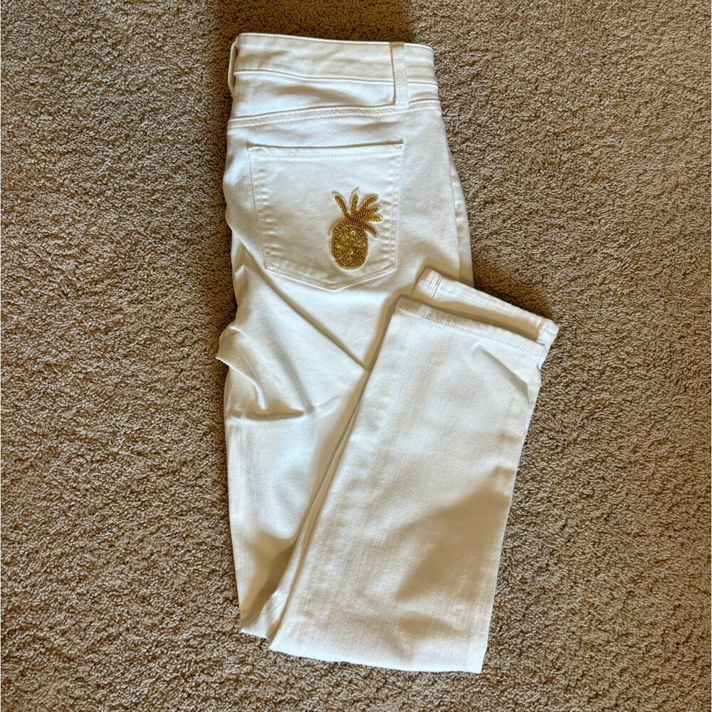 Talbots Flawless Slim Ankle White Jeans Gold Pineapple Patch 6